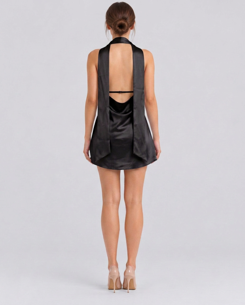 Naia | Plunge Neck Ruched Draped Back Mini Dress