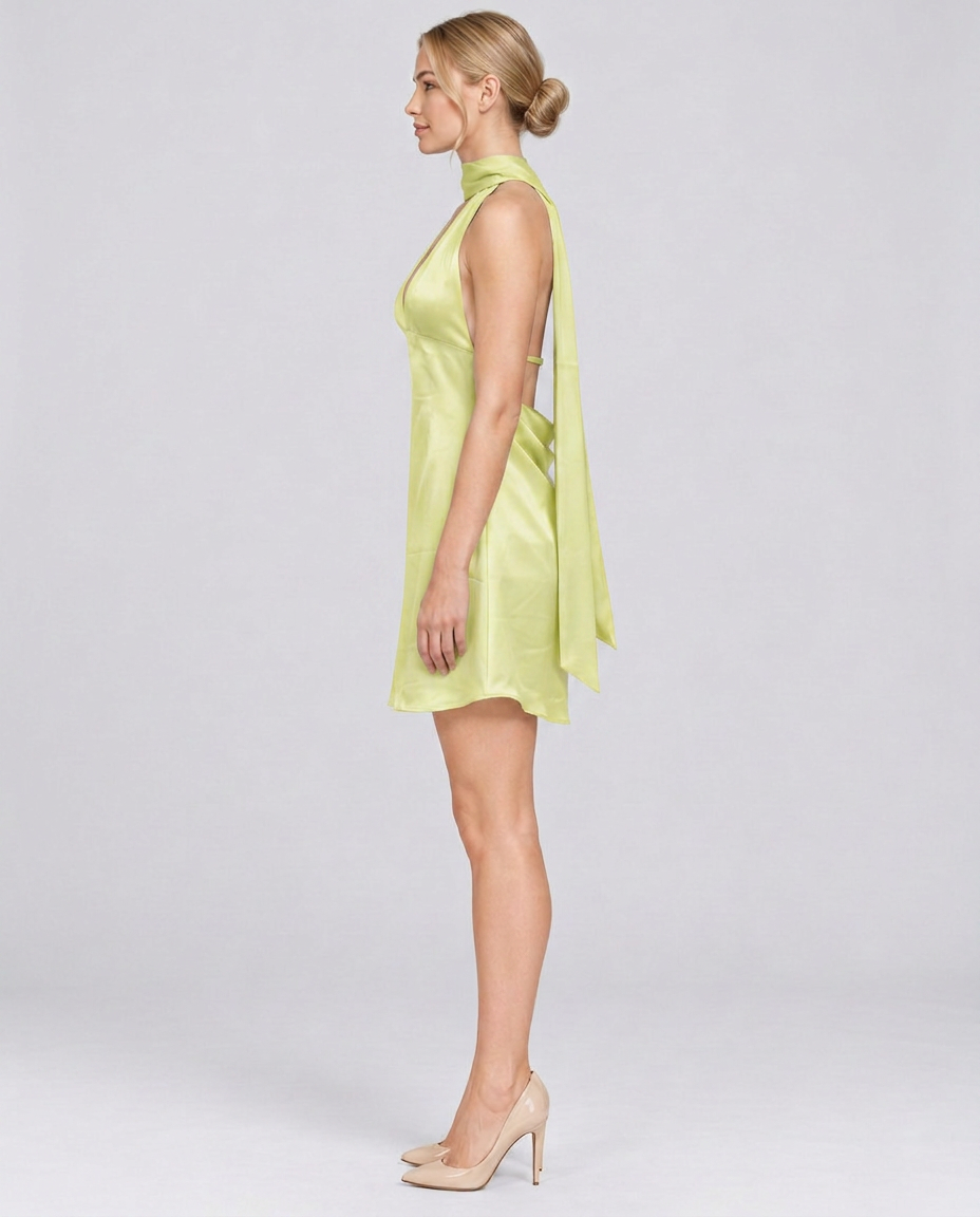 Naia | Plunge Neck Ruched Draped Back Mini Dress