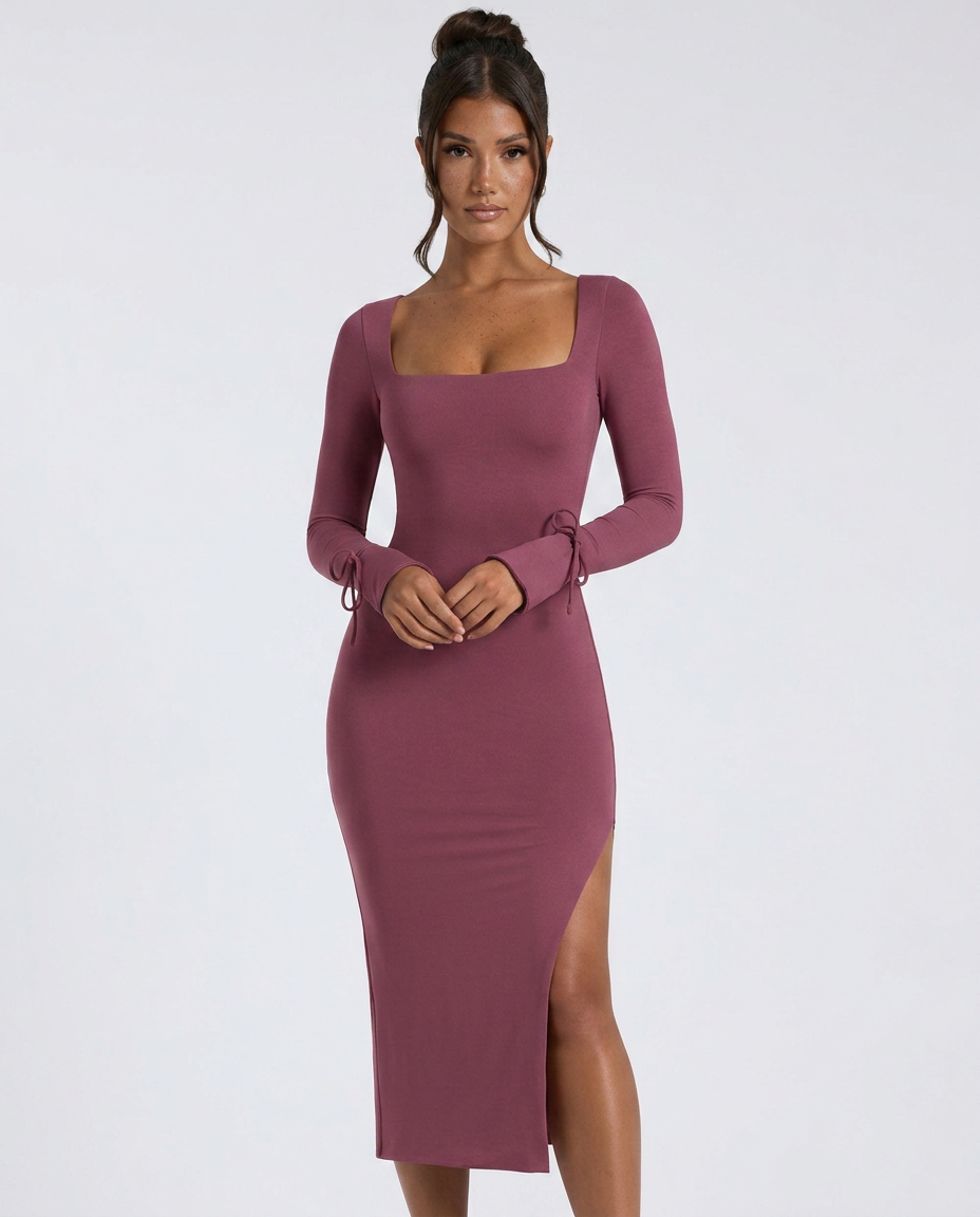 Selene | Square-Neck Split Midi Dress