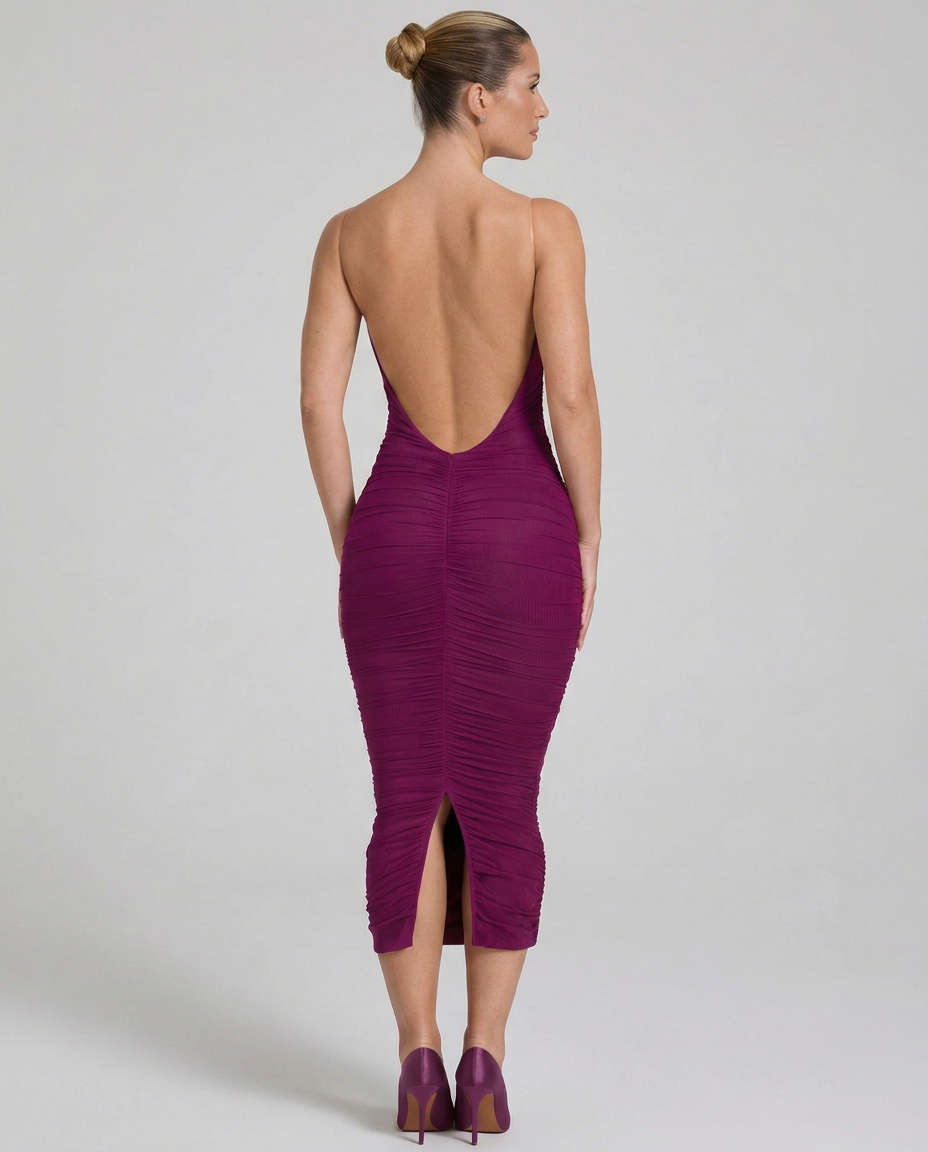 Lena | Backless Ruched Midi Dress