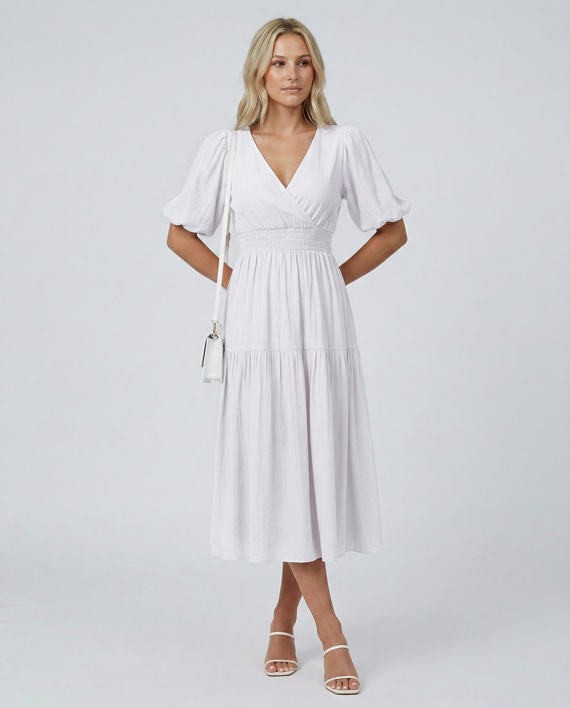 Erin | V Neck Midi Dress with Tiered Skirt and Balloon Sleeves