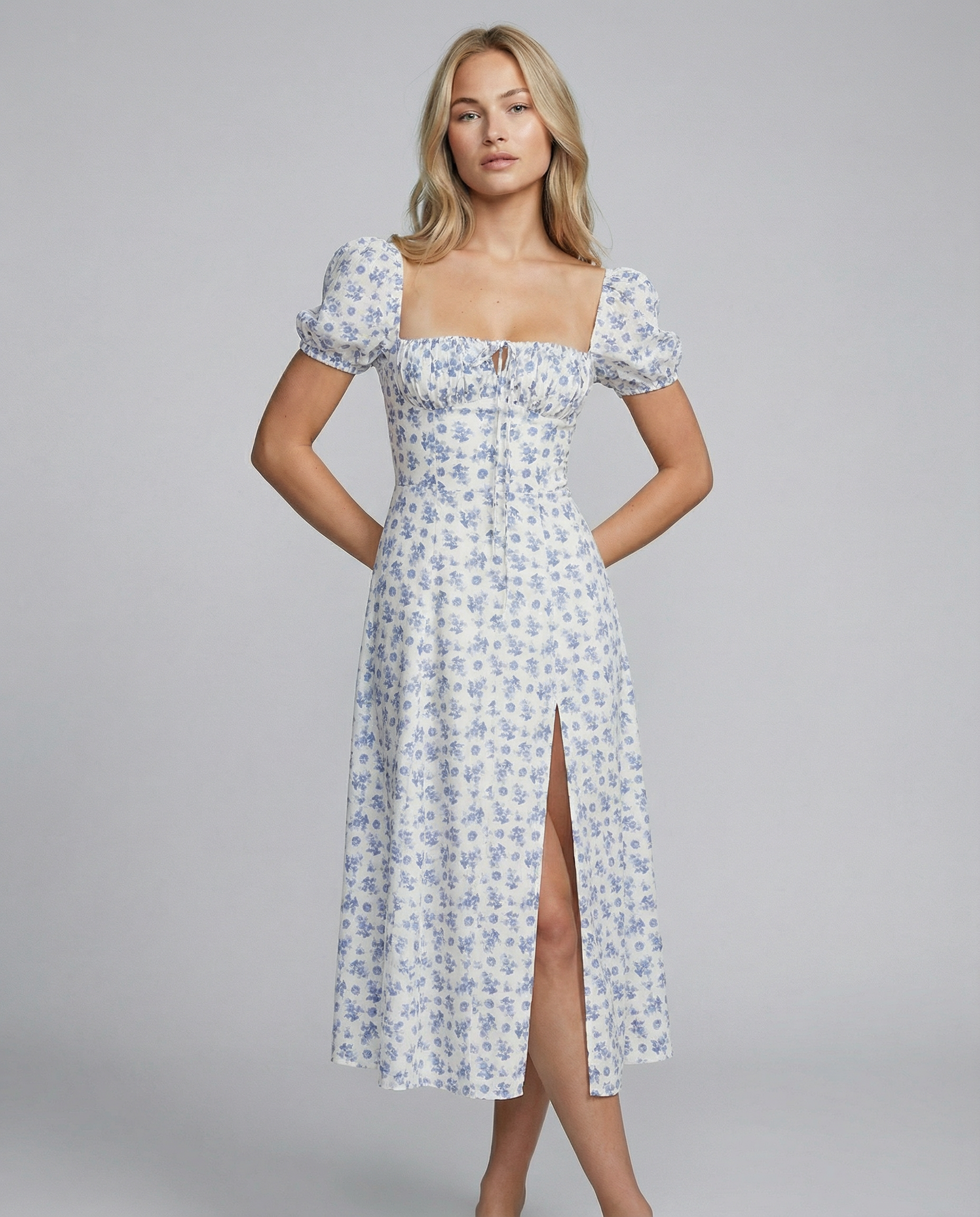 Madeline | Floral Puff Sleeve Boho Midi Dress with Corset Bodice