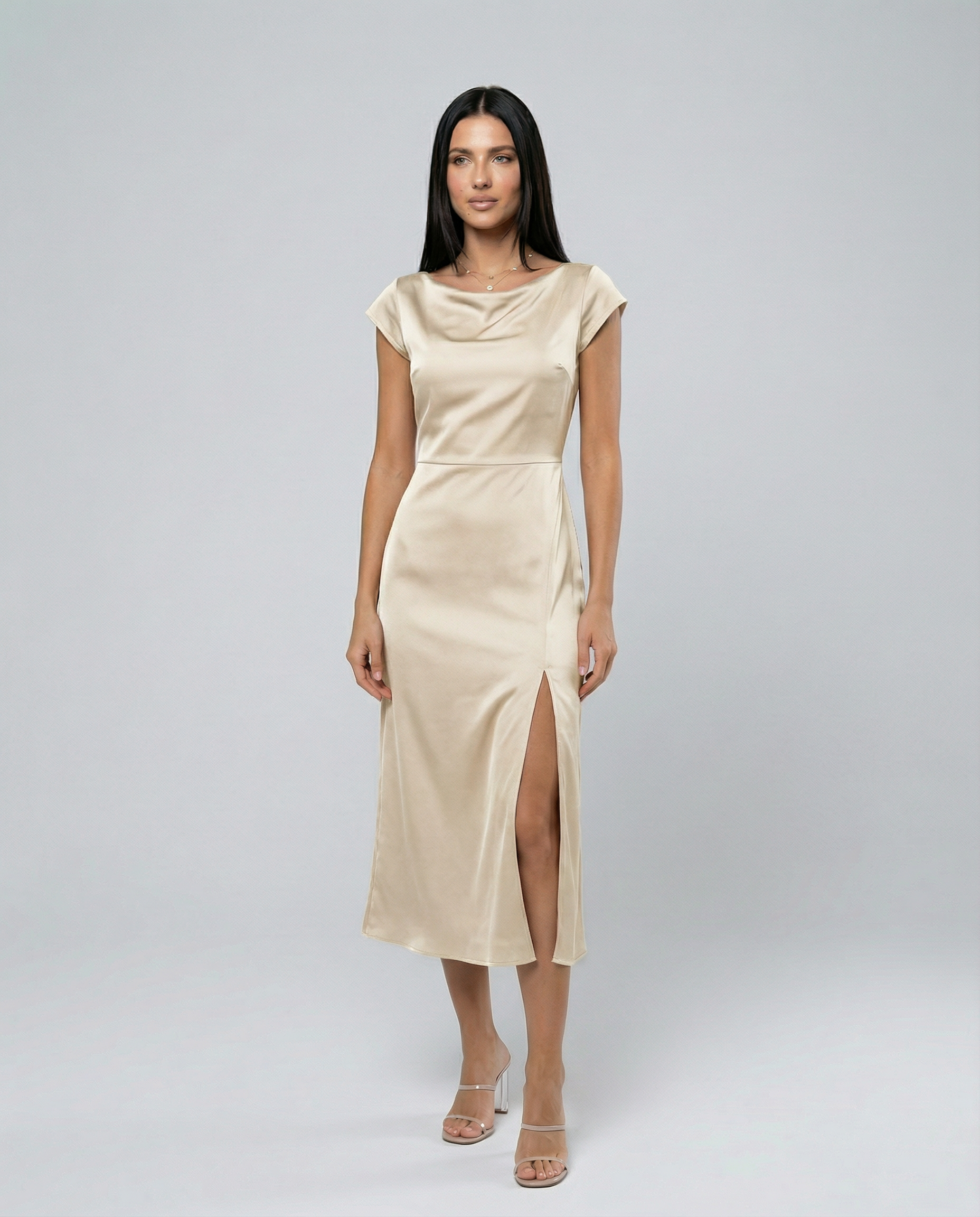 Jaime | Satin Midi Dress with Open Back Twist
