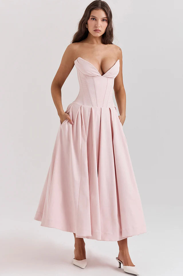Irma | Strapless Midi Dress with Structured Bodice
