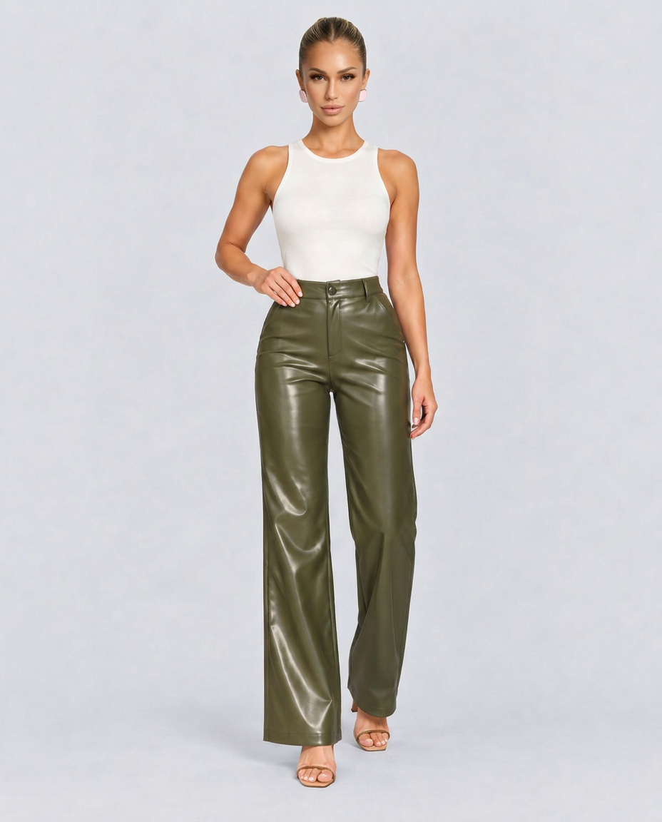 Ava | High Waist Straight Leg Faux Leather Trousers