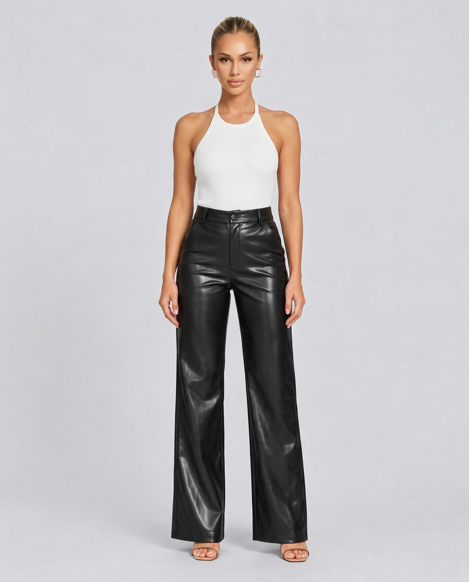 Ava | High Waist Straight Leg Faux Leather Trousers