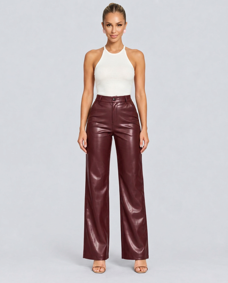 Ava | High Waist Straight Leg Faux Leather Trousers