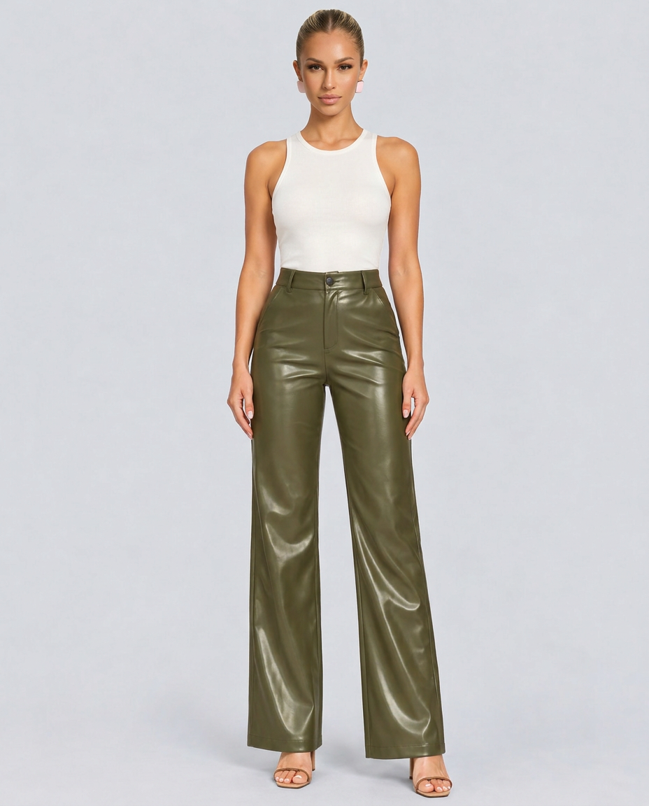 Ava | High Waist Straight Leg Faux Leather Trousers