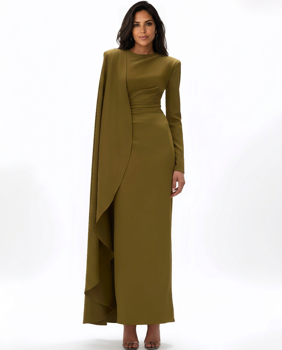 Janice | Asymmetrical Draped Long Sleeve Maxi Dress