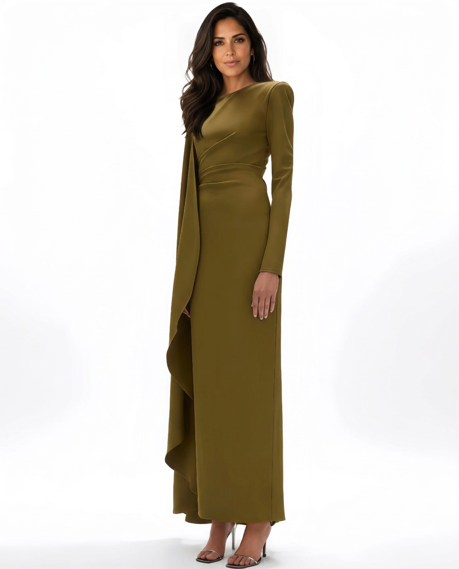 Janice | Asymmetrical Draped Long Sleeve Maxi Dress