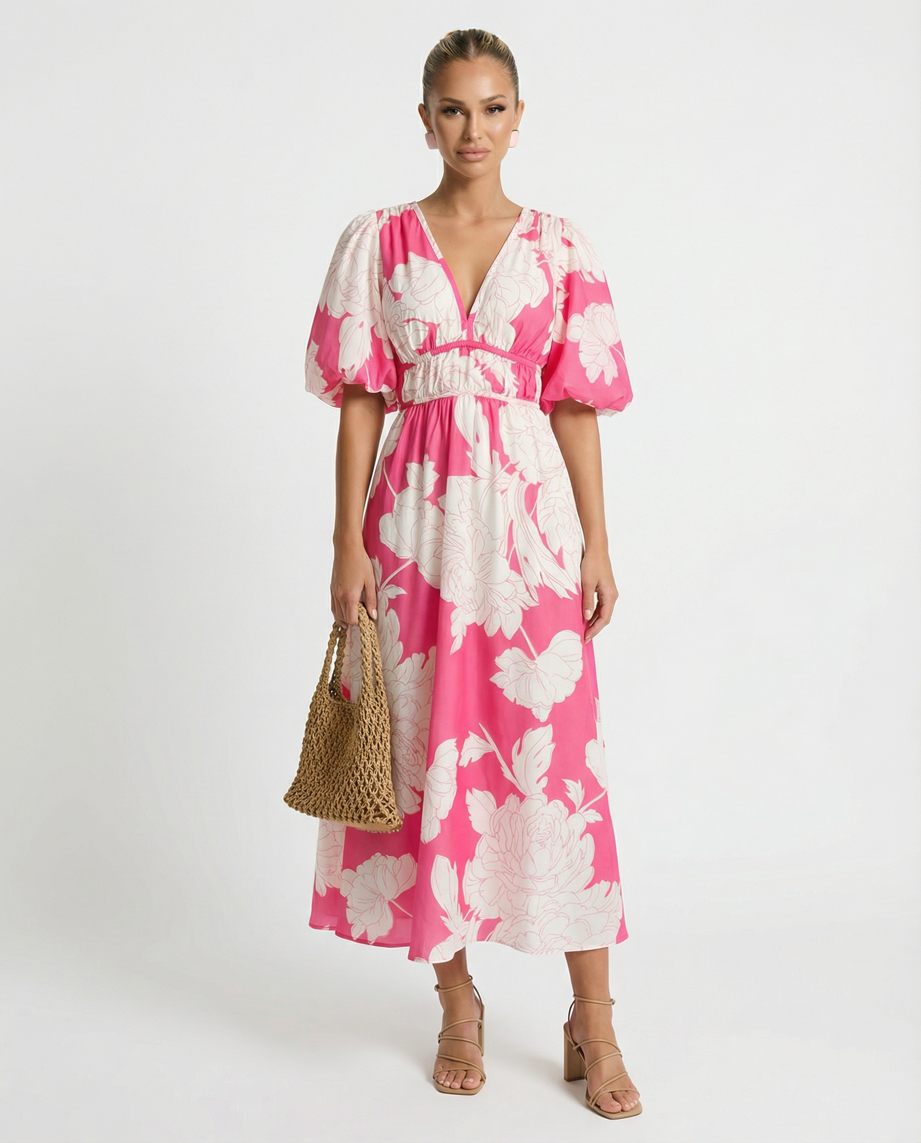 Lucille | Floral Midi Dress with Puff Sleeves