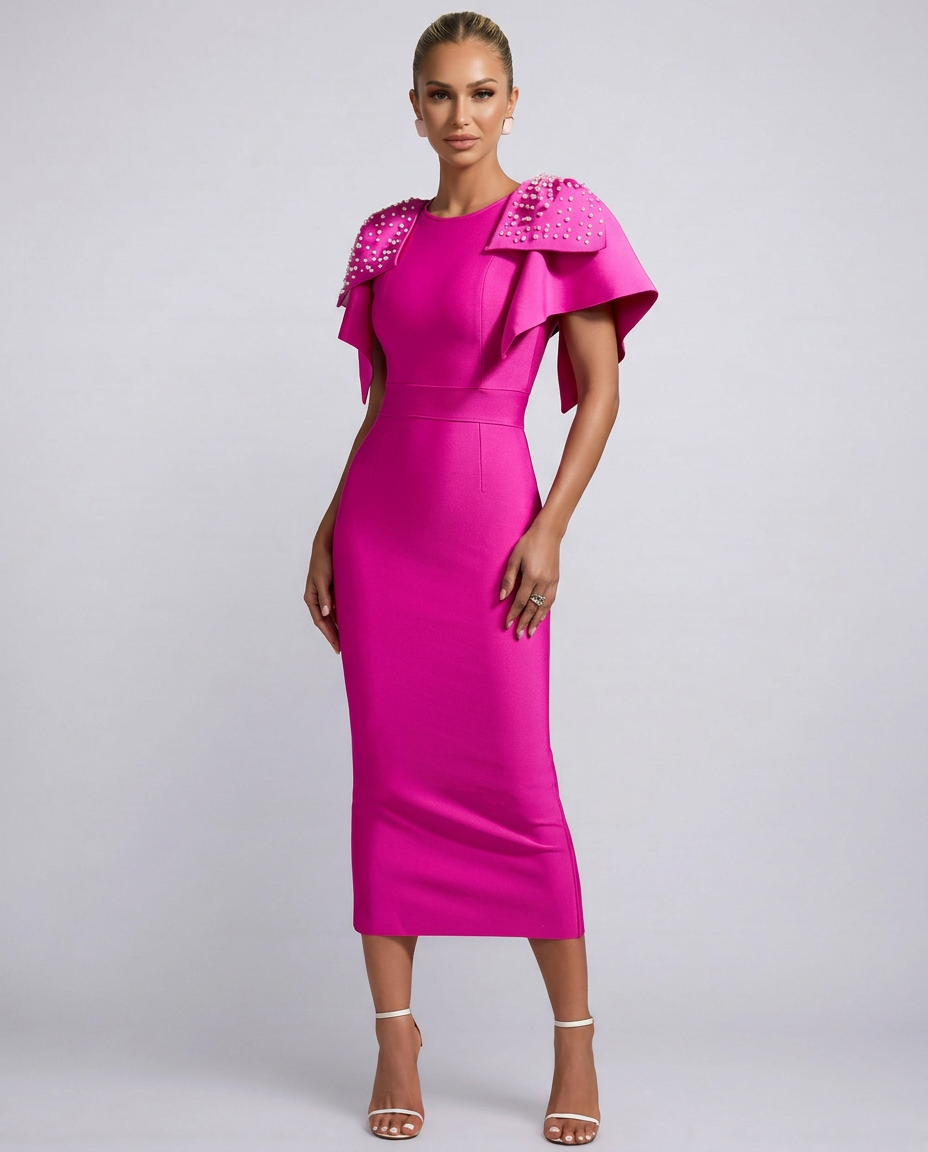 Marsha | Beaded Bow Shoulder Fitted Midi Dress