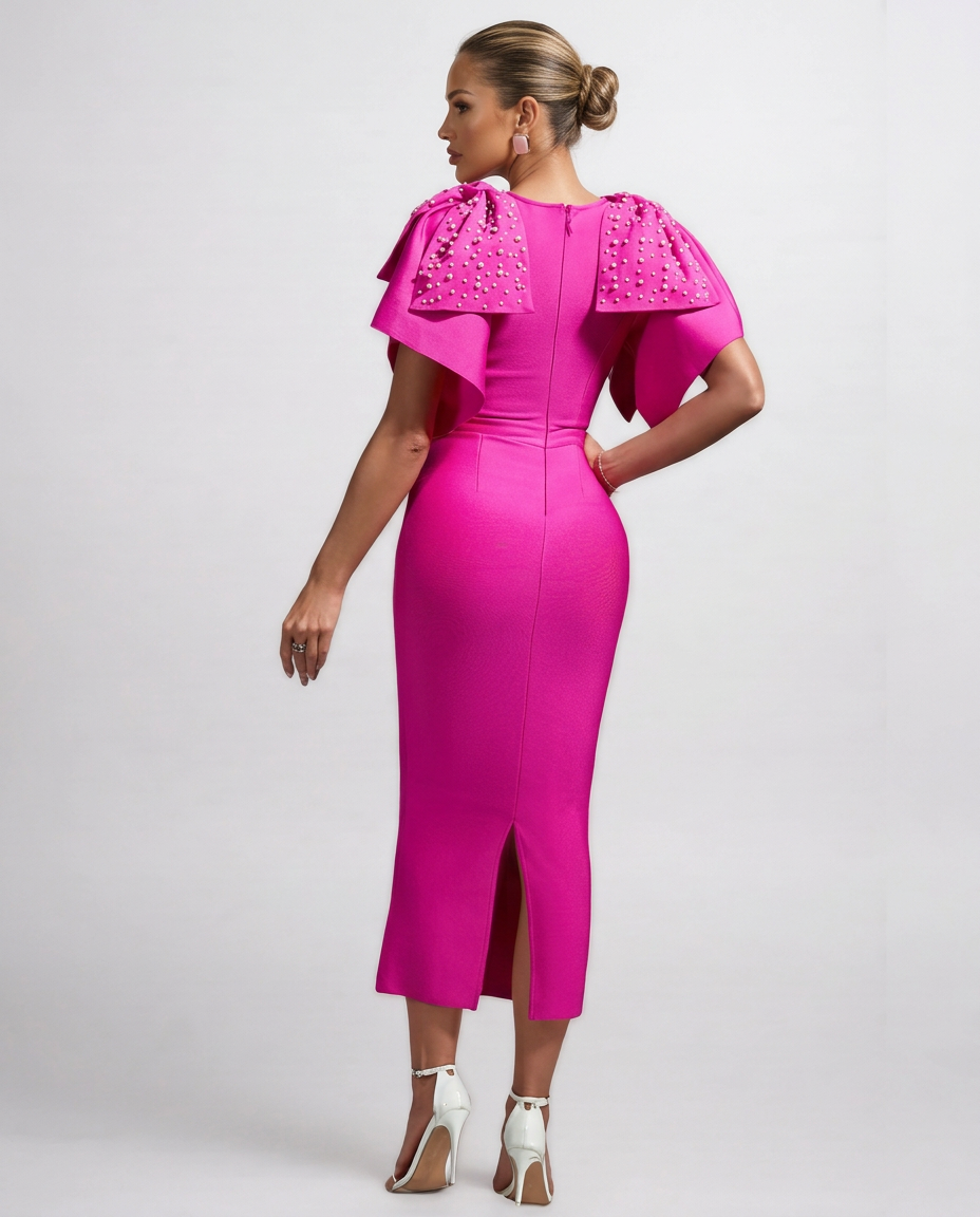 Marsha | Beaded Bow Shoulder Fitted Midi Dress