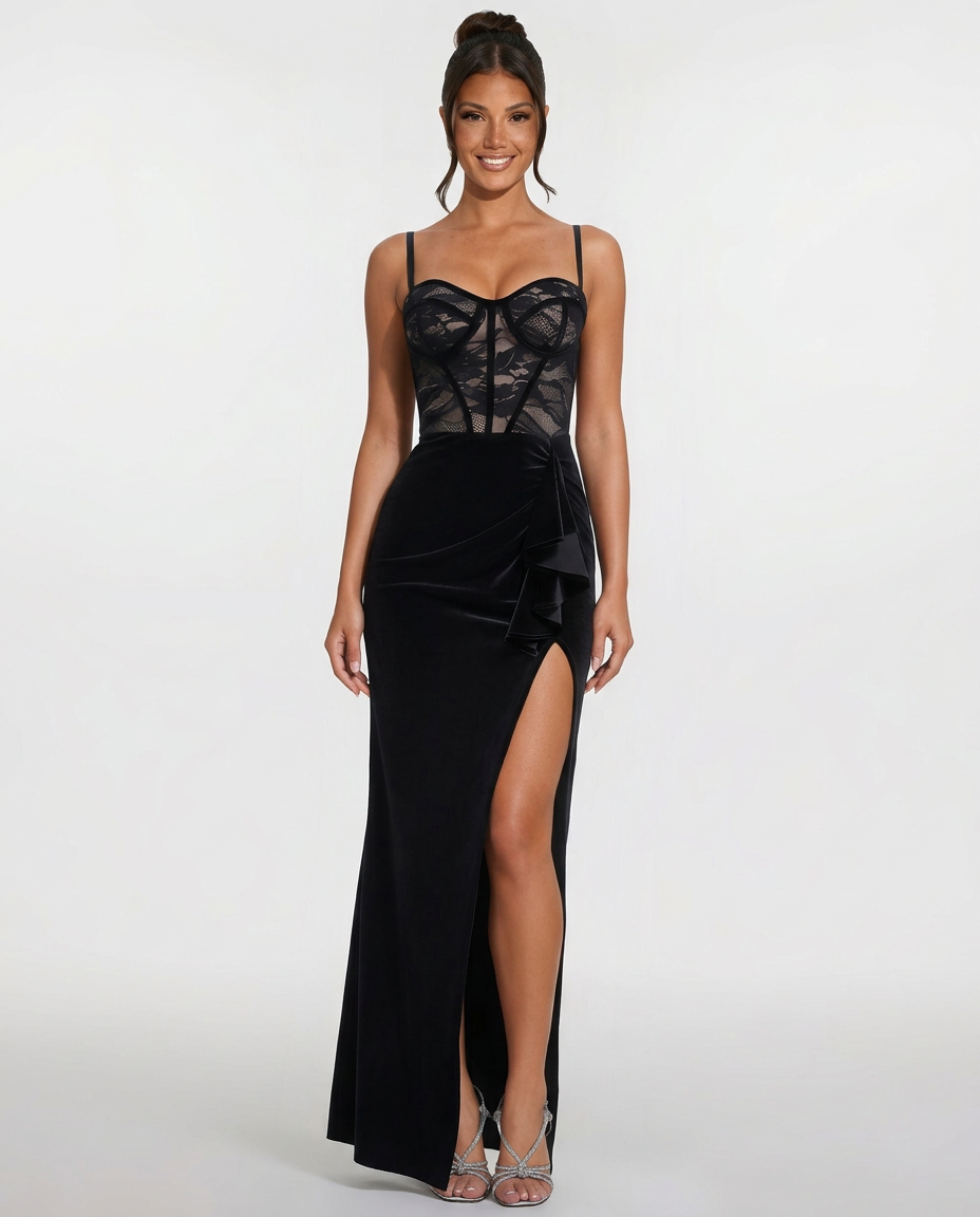 Faye | Lace Corset High Split Maxi Dress