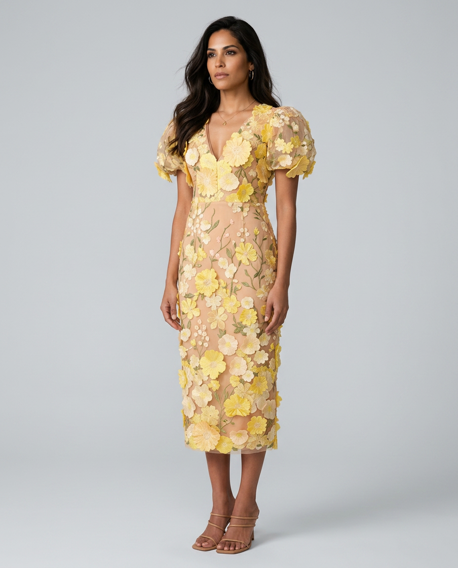 Bernice | V Neck Floral Embroidered Midi Dress