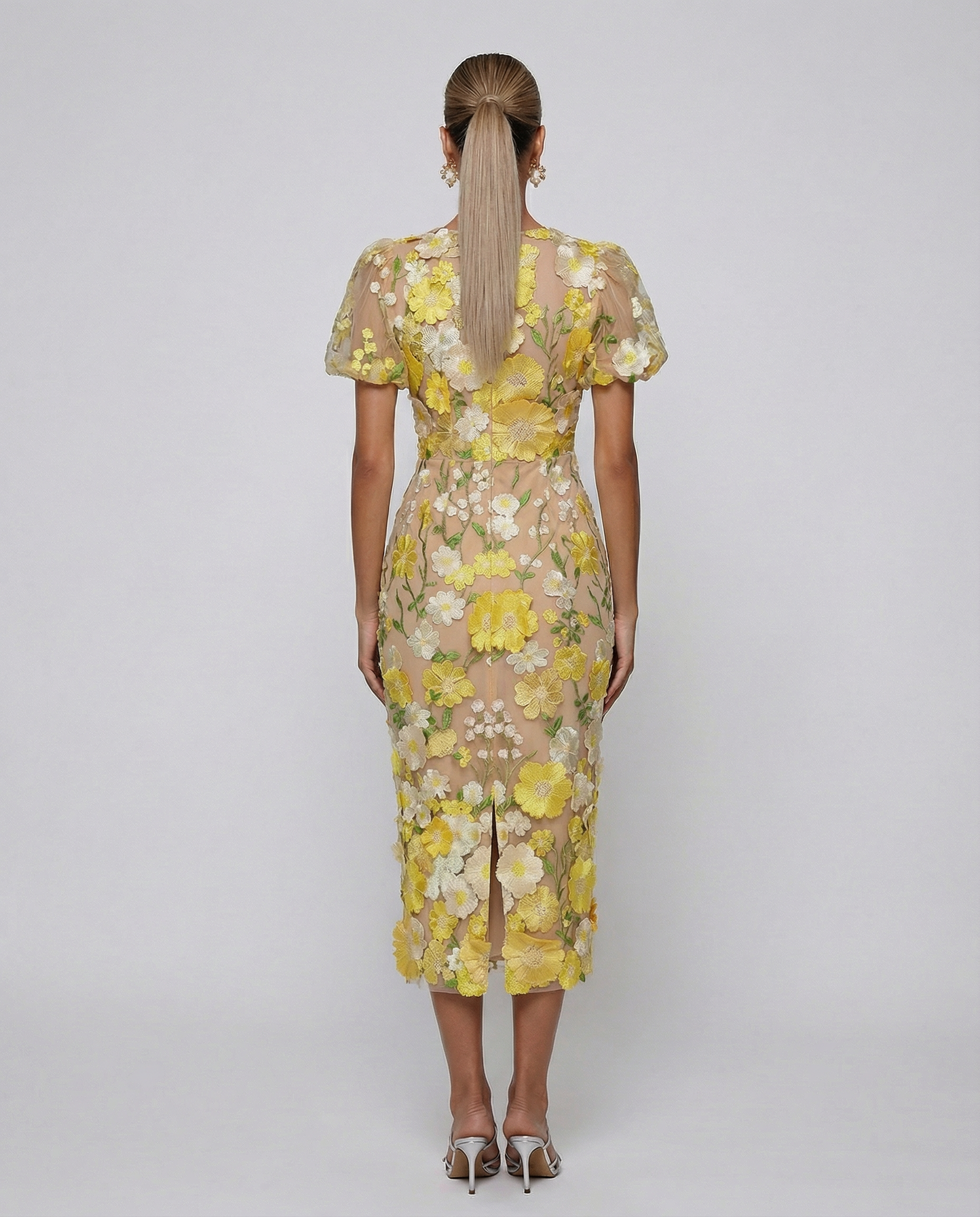 Bernice | V Neck Floral Embroidered Midi Dress