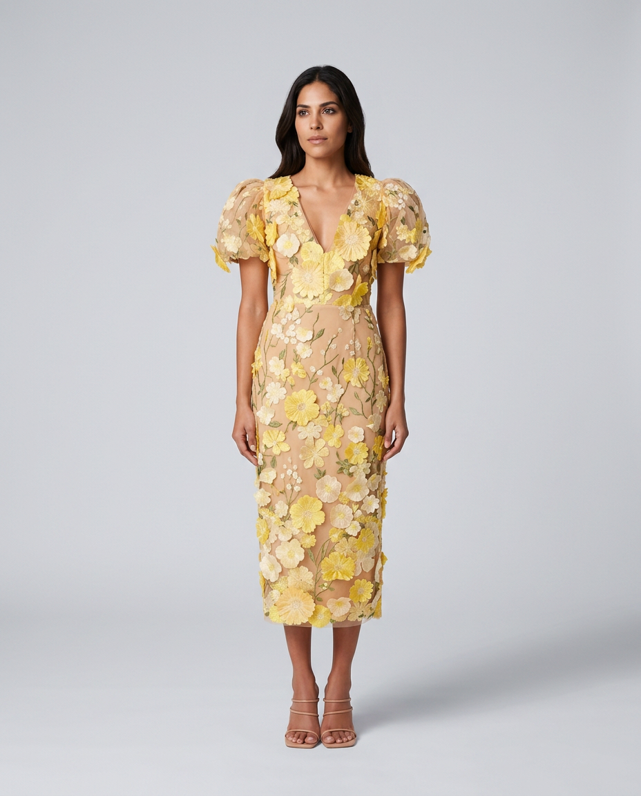 Bernice | V Neck Floral Embroidered Midi Dress