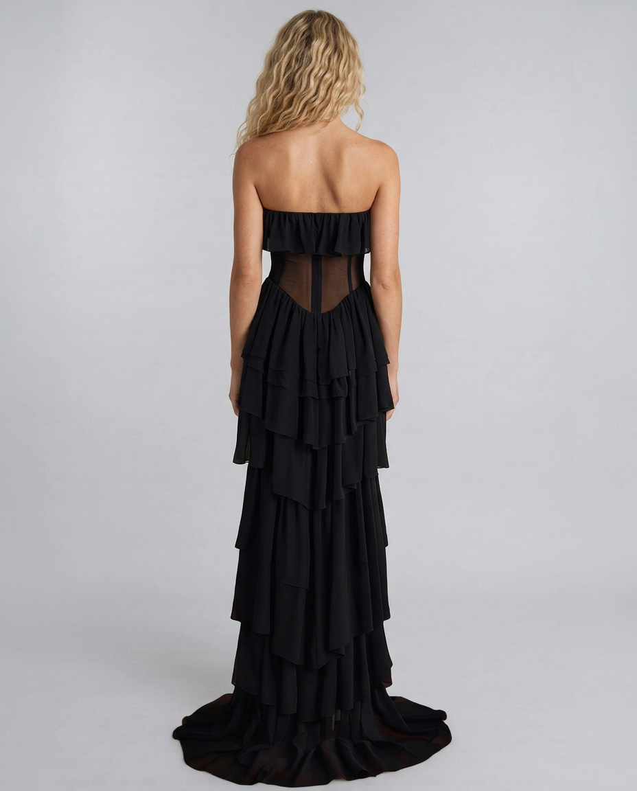 Sarah | Strapless Ruffle Corset Maxi Dress