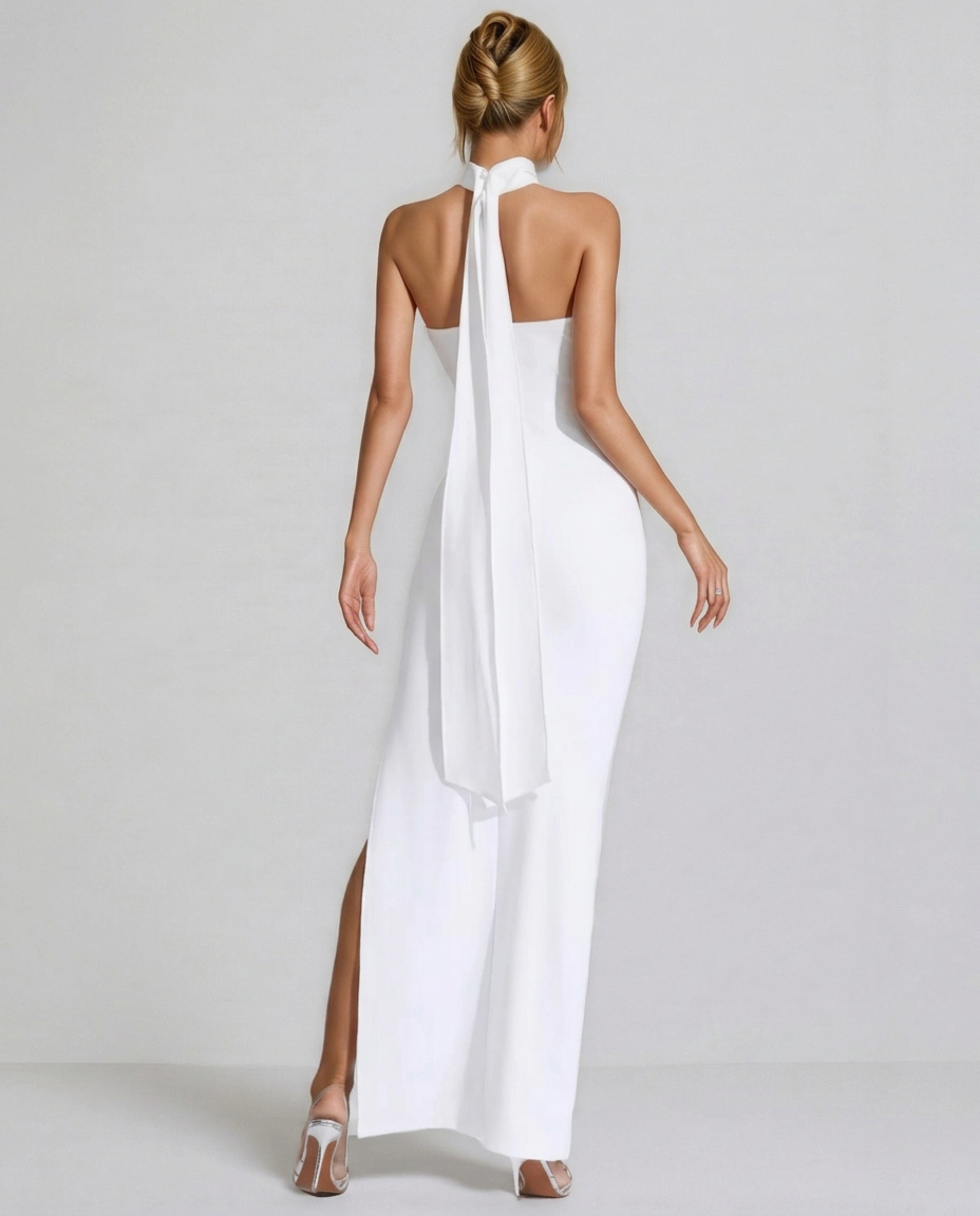 Cassie | Floral Applique Halter Neck Maxi Dress