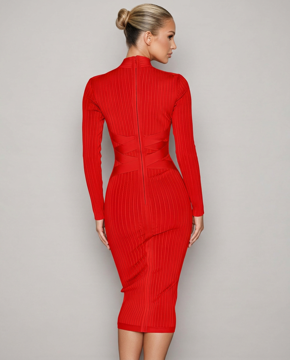 Krystal | Ribbed Crossover Waist Bandage Midi Dress