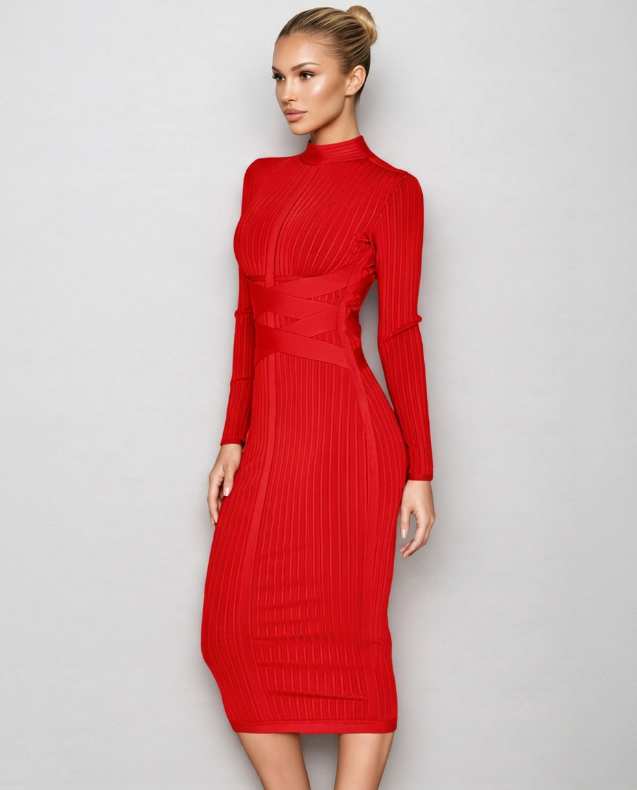 Krystal | Ribbed Crossover Waist Bandage Midi Dress