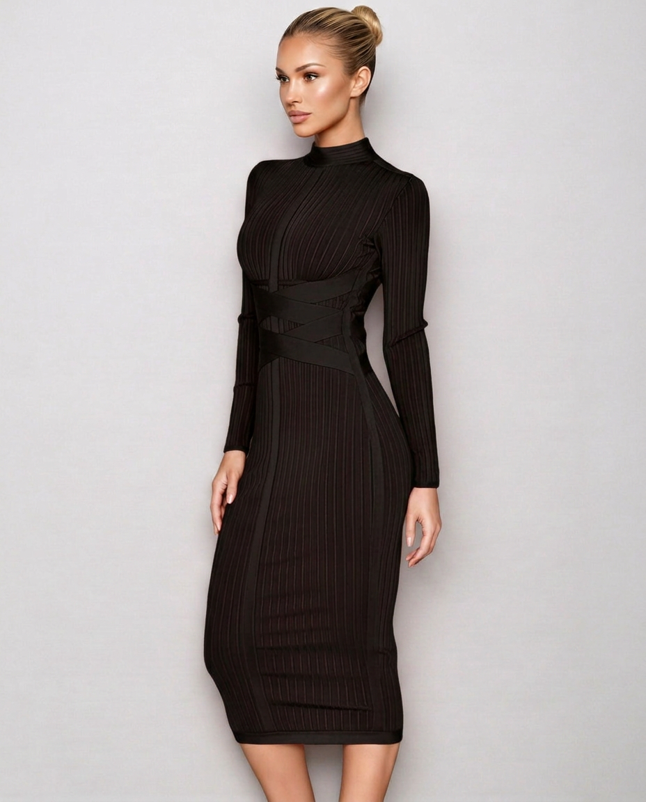 Krystal | Ribbed Crossover Waist Bandage Midi Dress