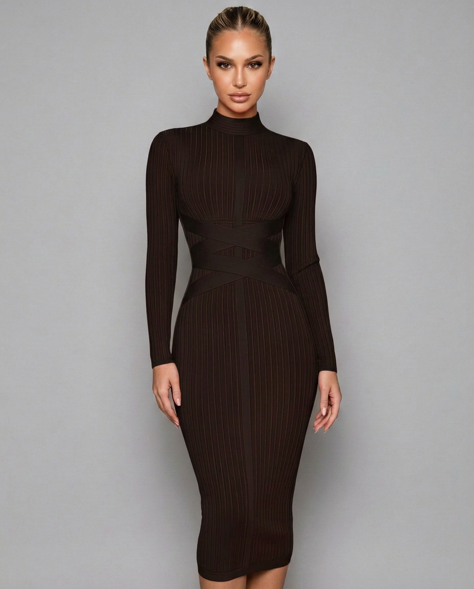 Krystal | Ribbed Crossover Waist Bandage Midi Dress