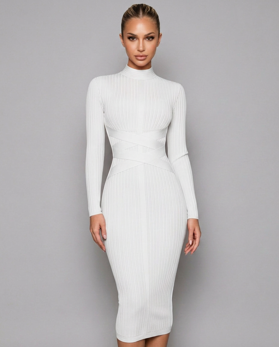 Krystal | Ribbed Crossover Waist Bandage Midi Dress