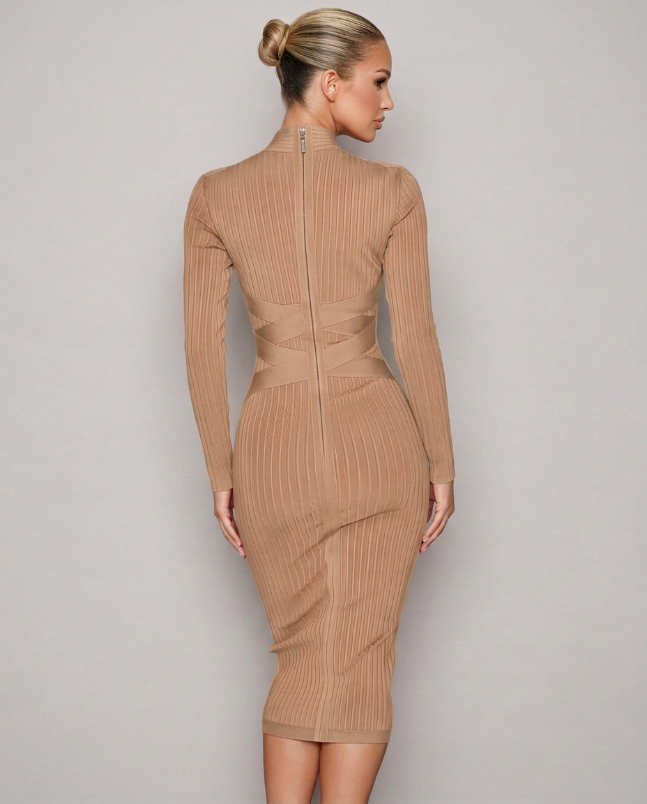 Krystal | Ribbed Crossover Waist Bandage Midi Dress