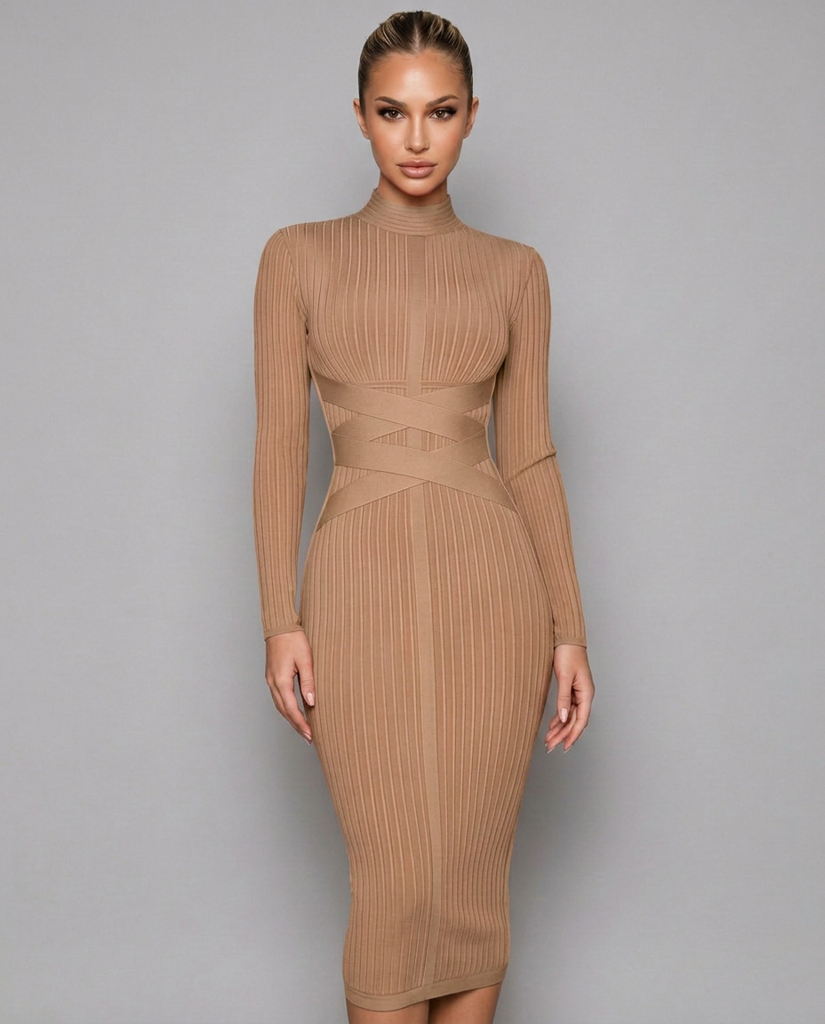 Krystal | Ribbed Crossover Waist Bandage Midi Dress