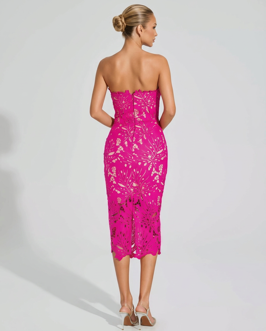Della | Strapless Floral Lace Midi Dress