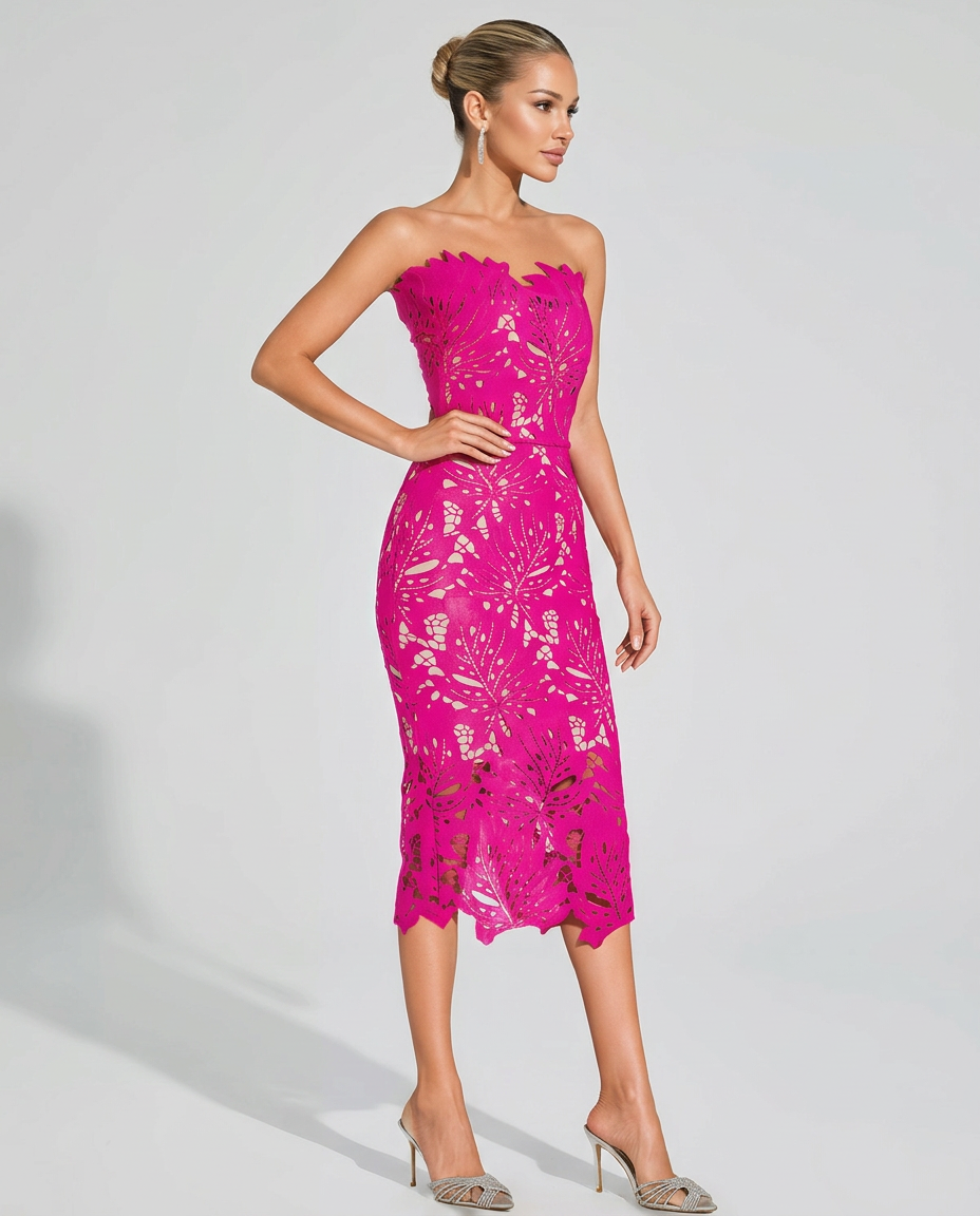 Della | Strapless Floral Lace Midi Dress