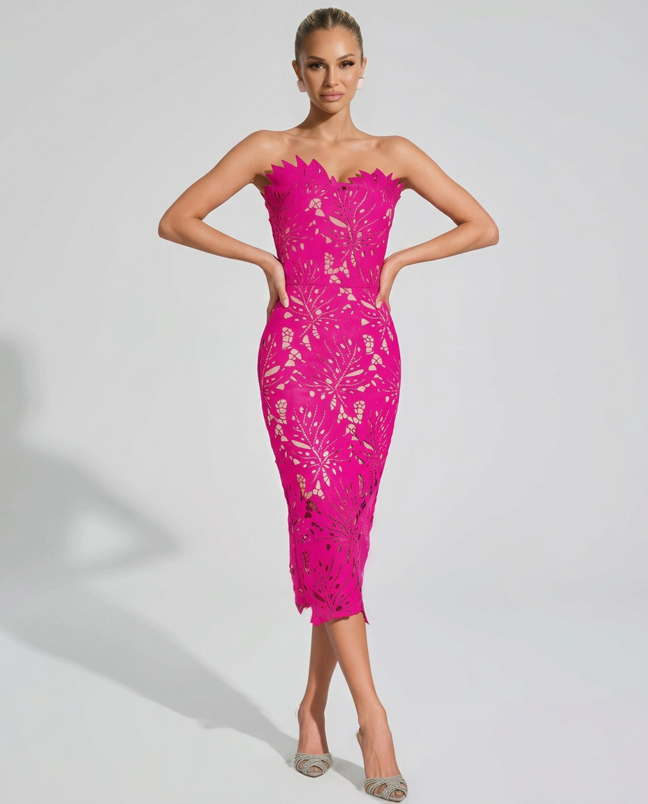 Della | Strapless Floral Lace Midi Dress