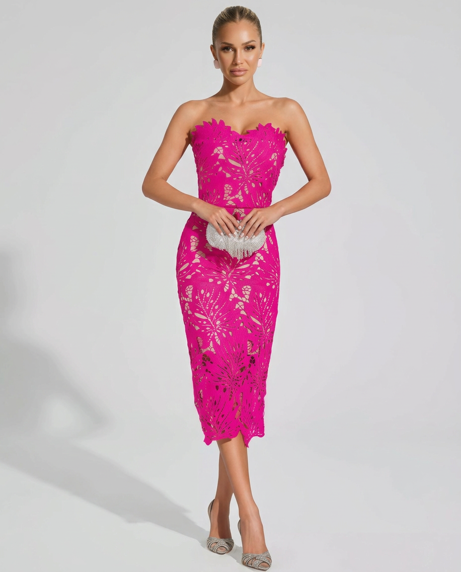 Della | Strapless Floral Lace Midi Dress