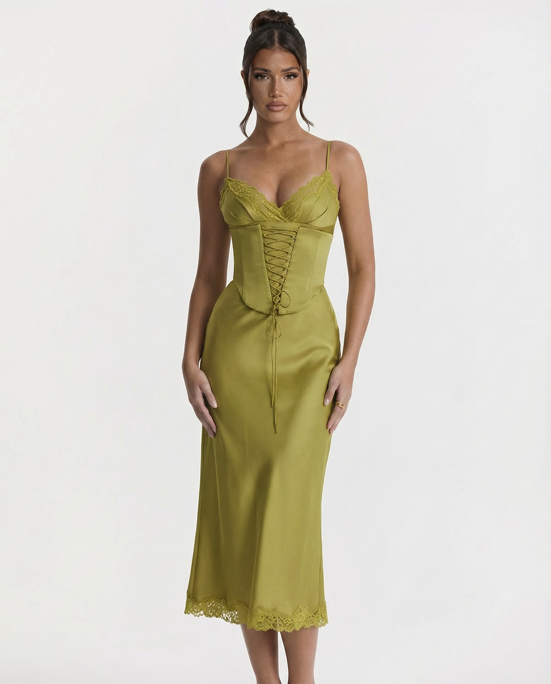 Delia | Satin Slip Midi Dress with Lace Trim