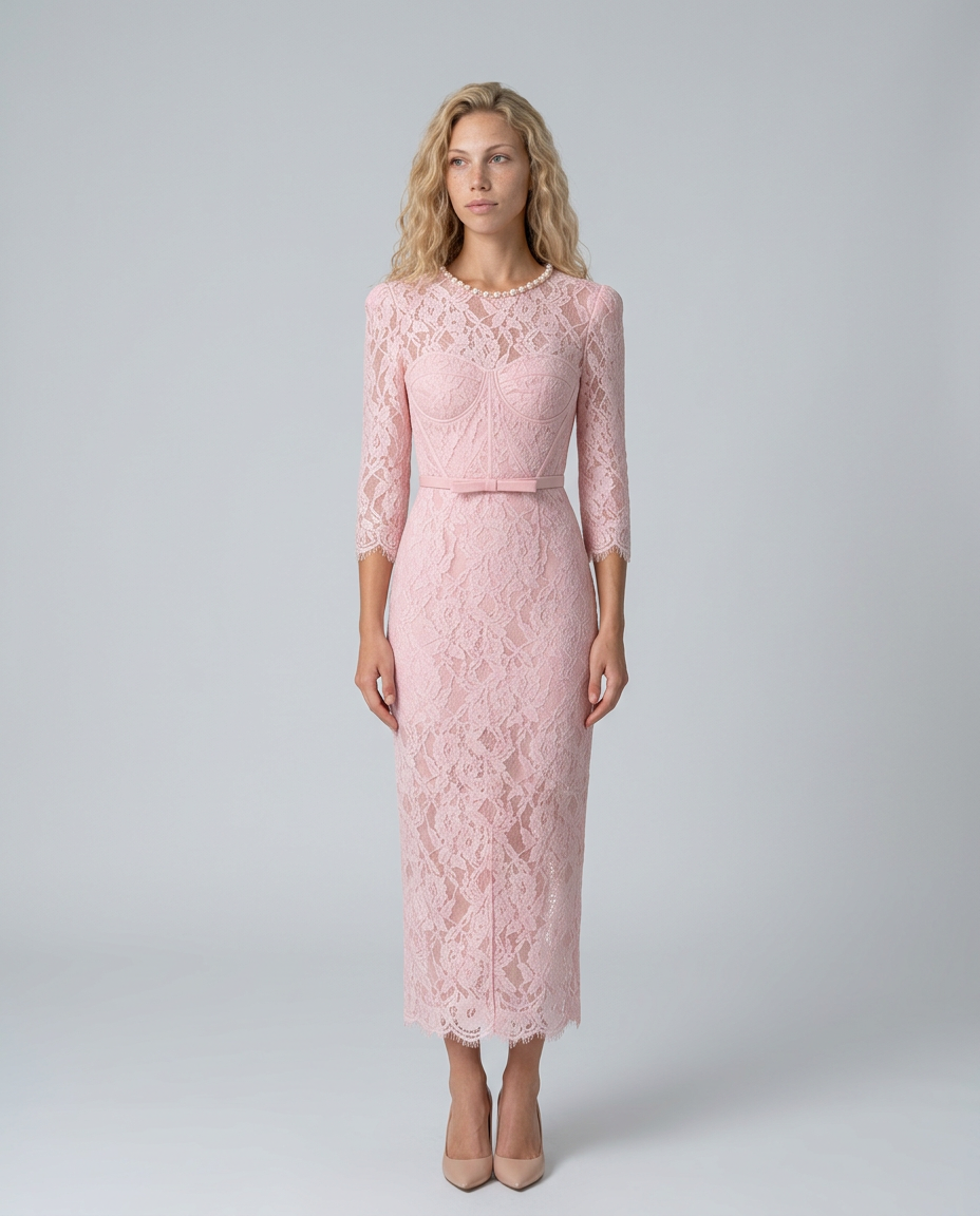 Evelyn | Eyelash Lace Belted Midi Dress