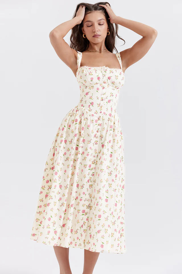 Christy | Midi Sundress with Floral Print and Fitted Bodice