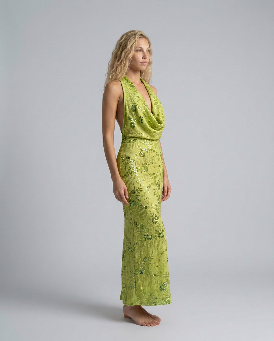 Jean | Floral Sequin Halter Neck Backless Maxi Dress