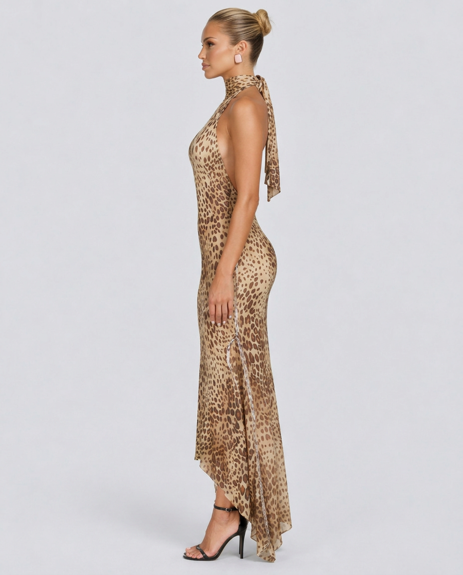 Lara | Halter Leopard Print Maxi Dress with Open Back