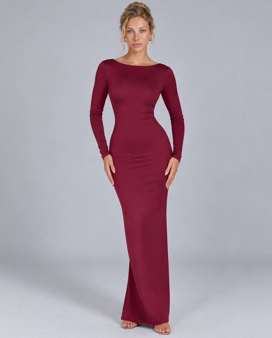 Jennie | Ruched Backless Maxi Dress with Long Sleeves