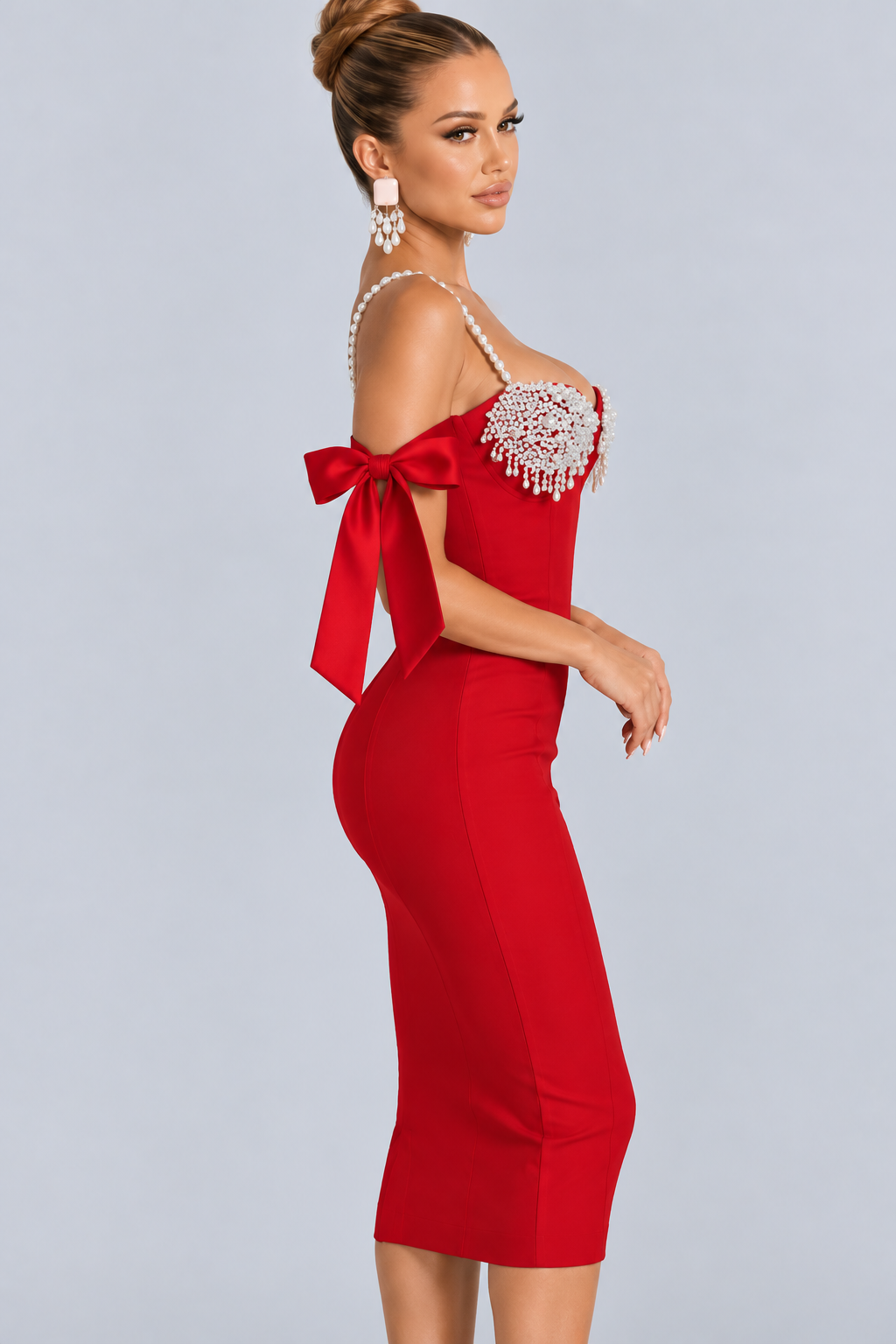 Monica | Embellished Midi Dress with Pearl Straps