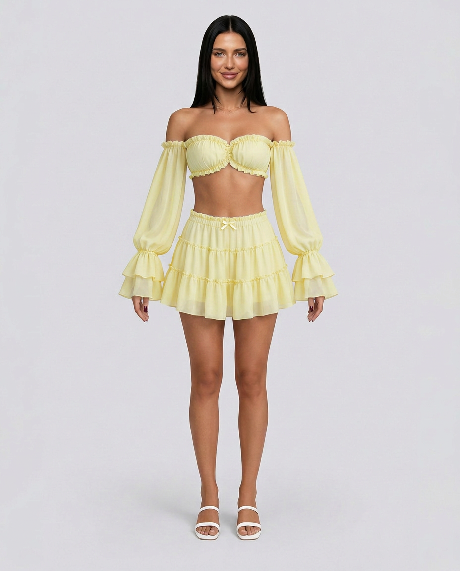 Lila | Two-Piece Set with Off-Shoulder Top and Ruffle Mini Skirt