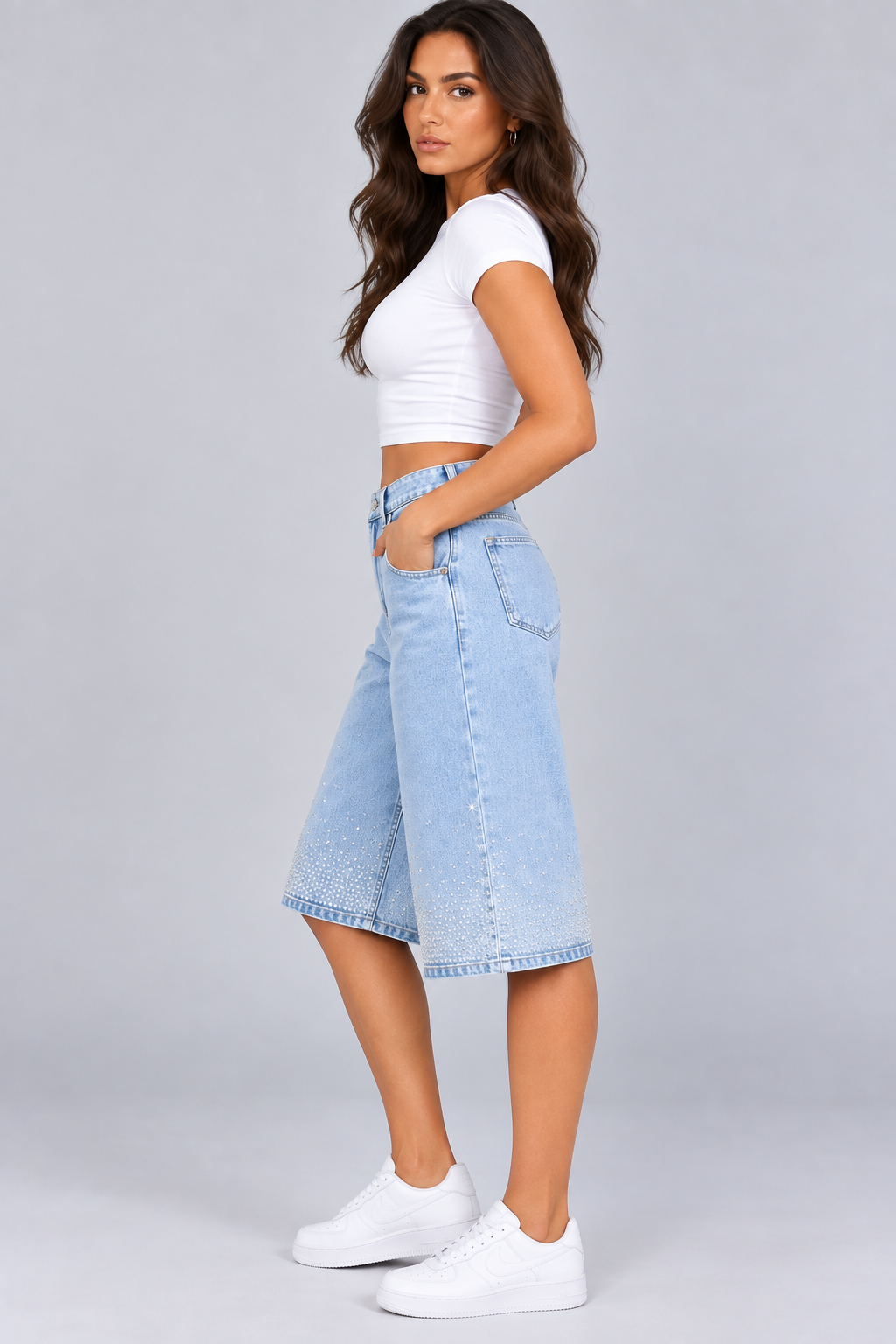 Roslyn | Denim Bermuda Shorts with Rhinestone Detail