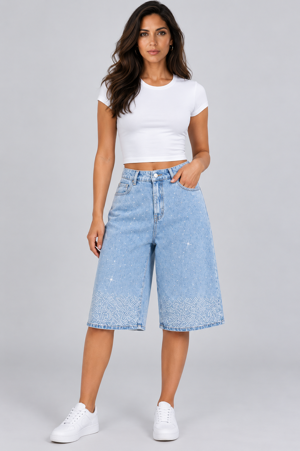 Roslyn | Denim Bermuda Shorts with Rhinestone Detail