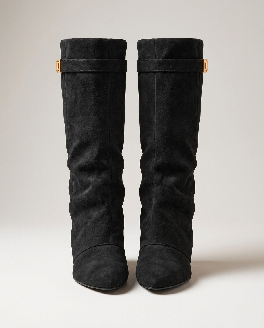 Imelda | Draped Knee-High Boots with Buckle Strap
