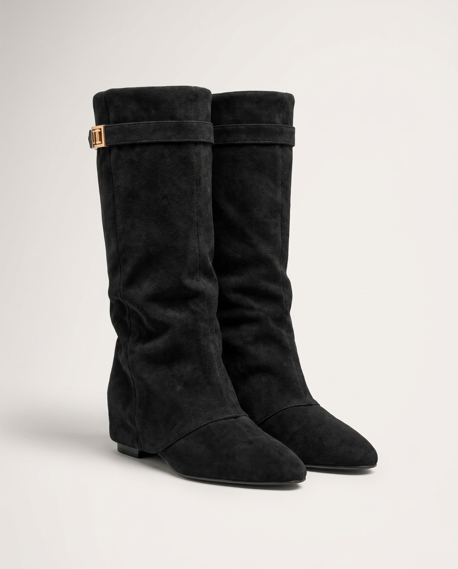 Imelda | Draped Knee-High Boots with Buckle Strap