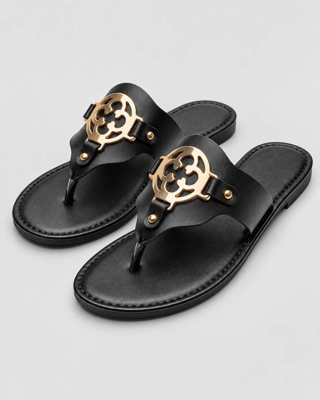 Isabel | Flat Thong Sandals with Cutout Emblem