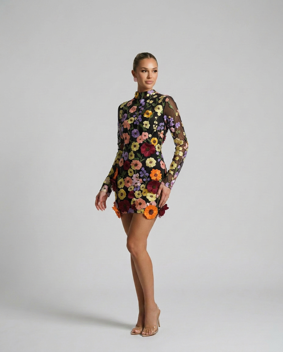Anne | Mini Dress with Sheer Floral Embroidery