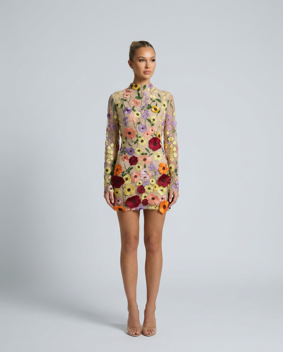 Anne | Mini Dress with Sheer Floral Embroidery
