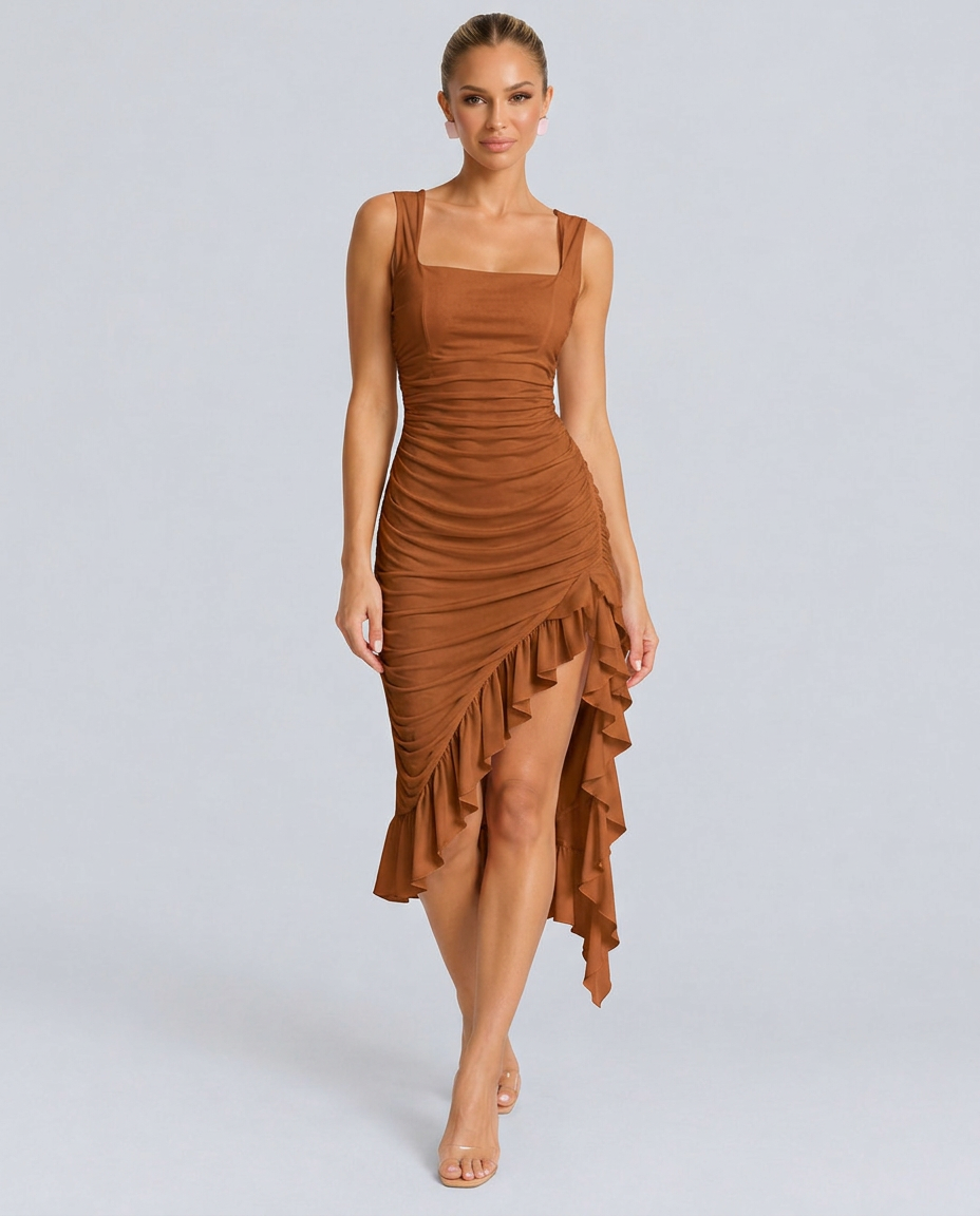 Xenia | Ruched Bodycon Flounce Hem Midi Dress